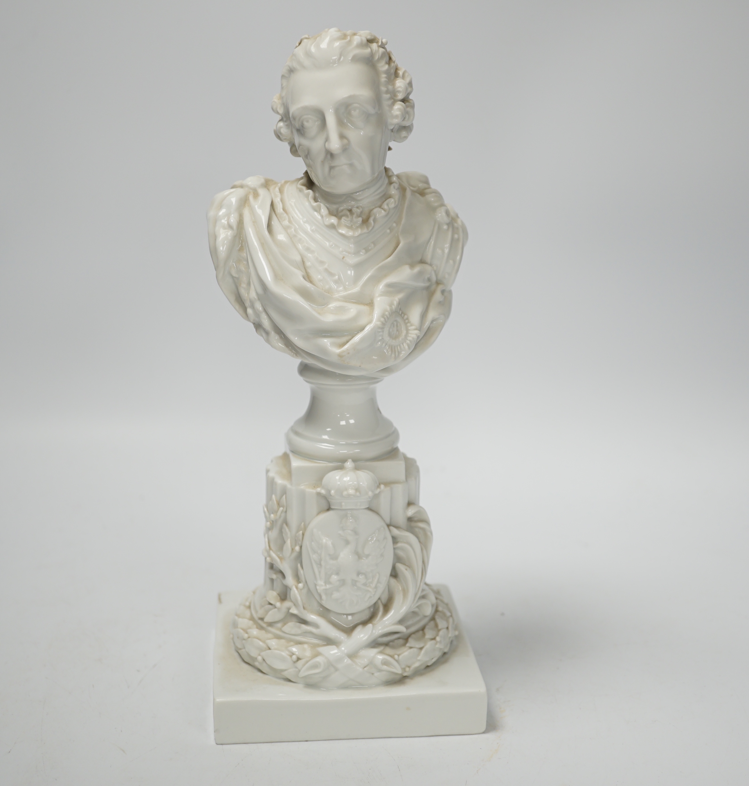 An early 20th century Meissen ‘Weiss’ (white glazed) porcelain bust of Frederick the Great of Prussia, 25.5cm high